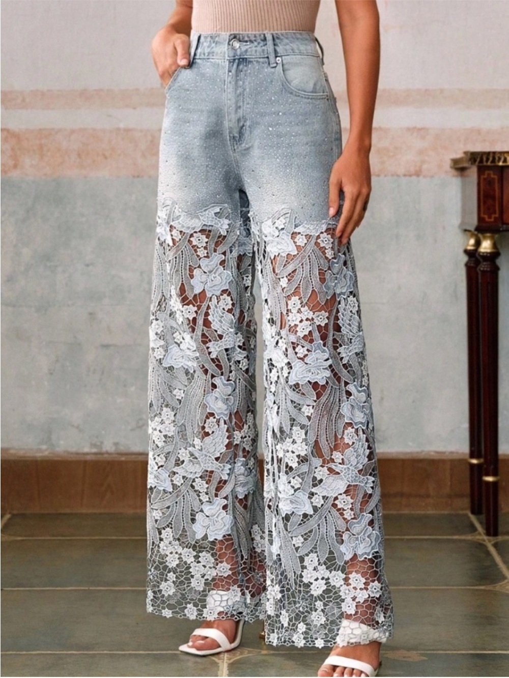 NWT Lace-Inset Wide Leg Denim Light Wash Pants - Light Blue - Picture 2 of 6